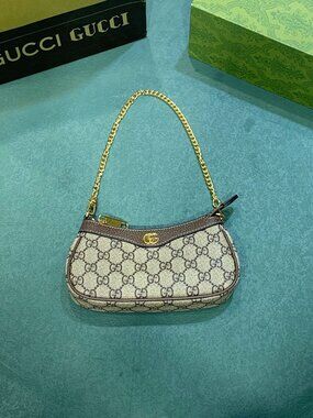 Gucci Ophidia GG Mini Shoulder Bag Beige Ebony Canvas Chain Strap
